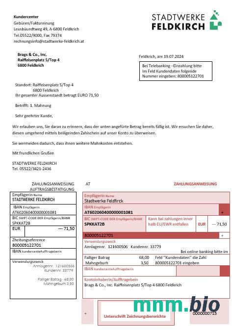 Austria Stadtwerke Feldkirch rachunek za usługi komunalne szablon w formacie Word i PDF